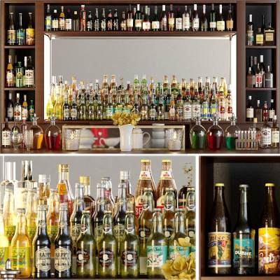 现代吧台 酒瓶 酒水 饮料